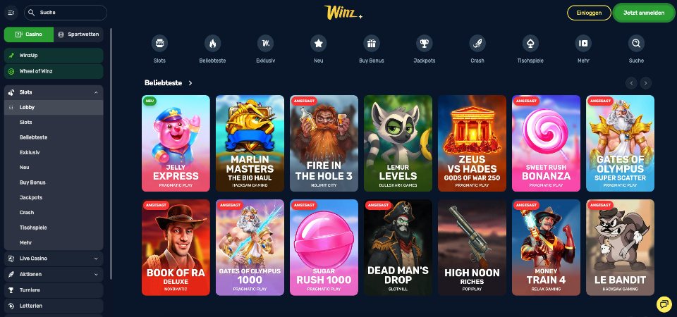 Screenshot der Winz.io-Casinoseite