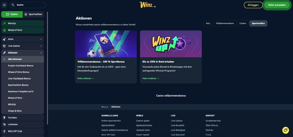 Screenshot der Winz.io-Bonusseite