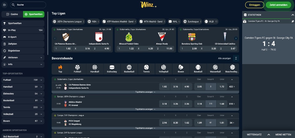 Screenshot der Winz.io-Sportseite