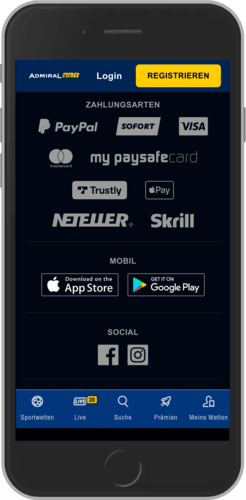 Screenshot der AdmiralBet App Download-Seite auf der offiziellen Website (Fußzeile)