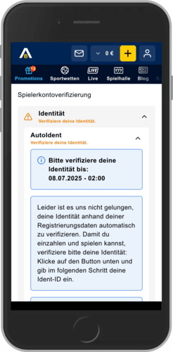 Mobiler Screenshot des letzten Schritts der AdmiralBet-Registrierung