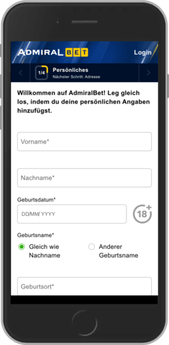 Mobiler Screenshot der AdmiralBet-Registrierung, Schritt 1