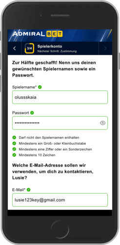 Mobiler Screenshot der AdmiralBet-Registrierung, Schritt 2