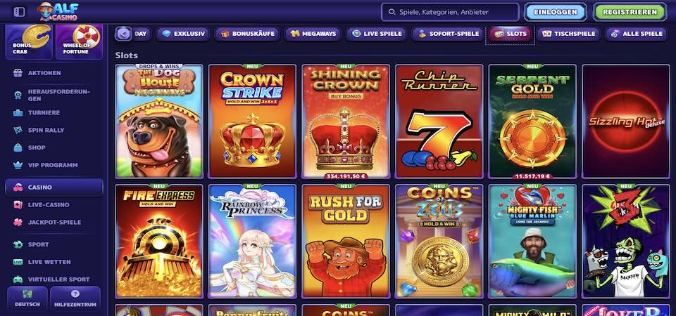 Screenshot der AlfCasino-Casinoseite