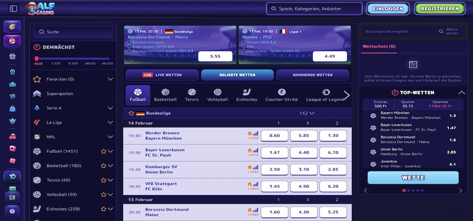 Screenshot der Sportseite von AlfCasino