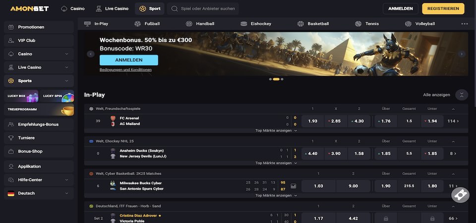Screenshot der Amonbet-Sportseite
