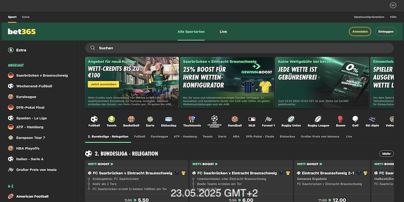 Screenshot der bet365 Hauptseite