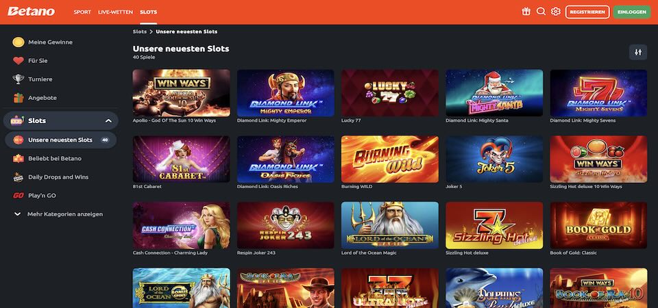 Screenshot der Betano Casino Seite