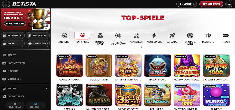 Screenshot der Betista-Casino-Seite