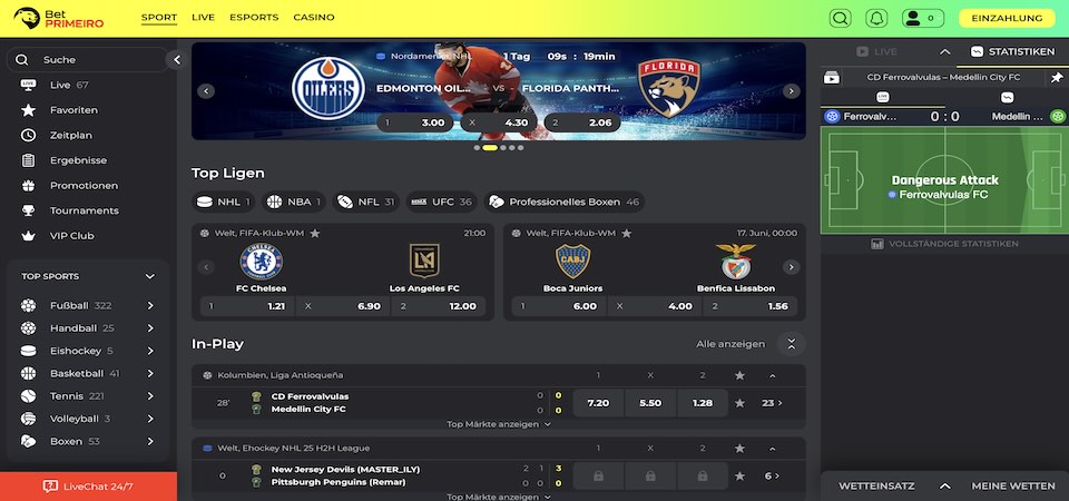 Screenshot der BetPrimeiro-Sportseite