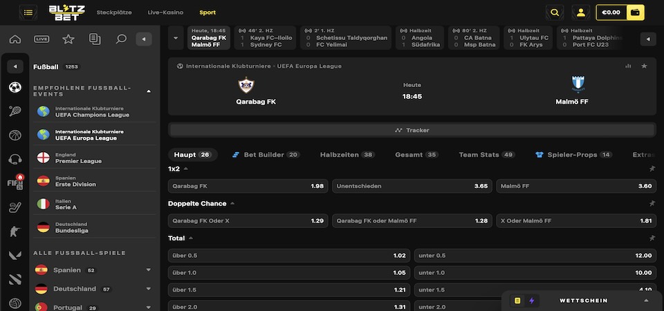 Screenshot der Sportseite von blitz-bet