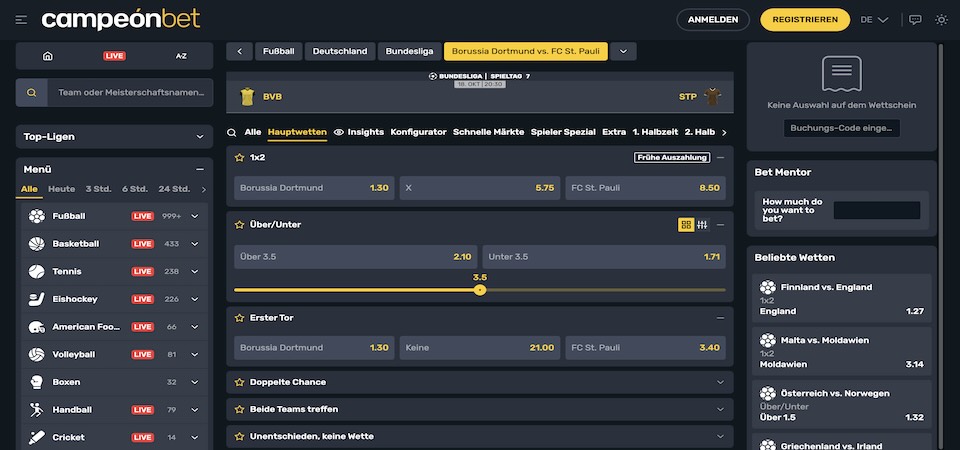 Screenshot der Campeonbet-Sportseite