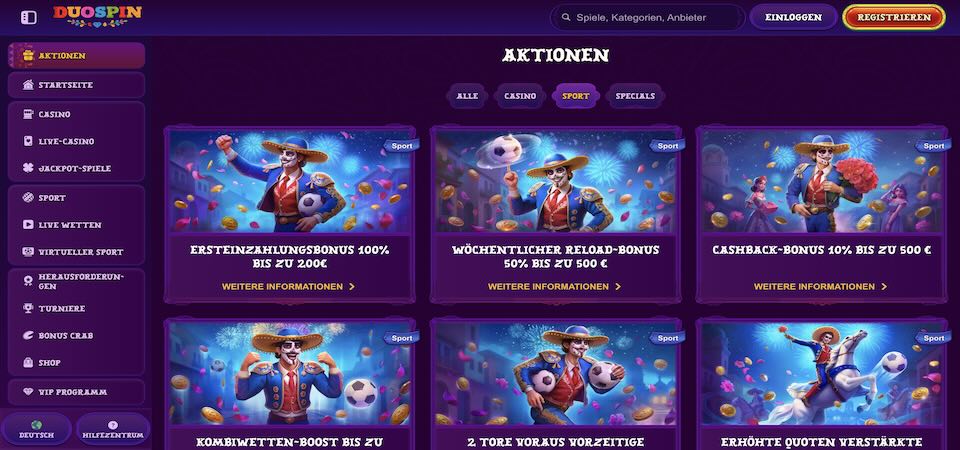 Screenshot der Duospin-Bonusseite