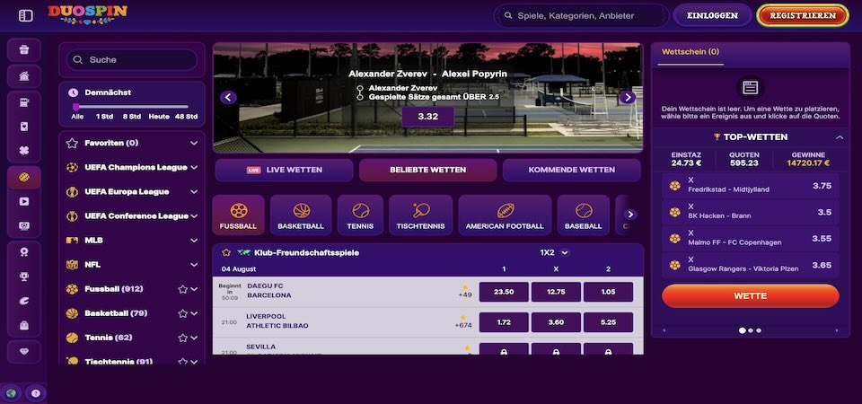 Screenshot der Duospin-Sportseite