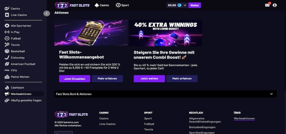 Screenshot der Fast Slots-Promotionsseite
