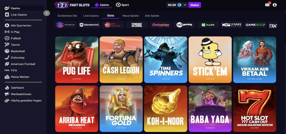 Screenshot der Fast Slots Casino Seite