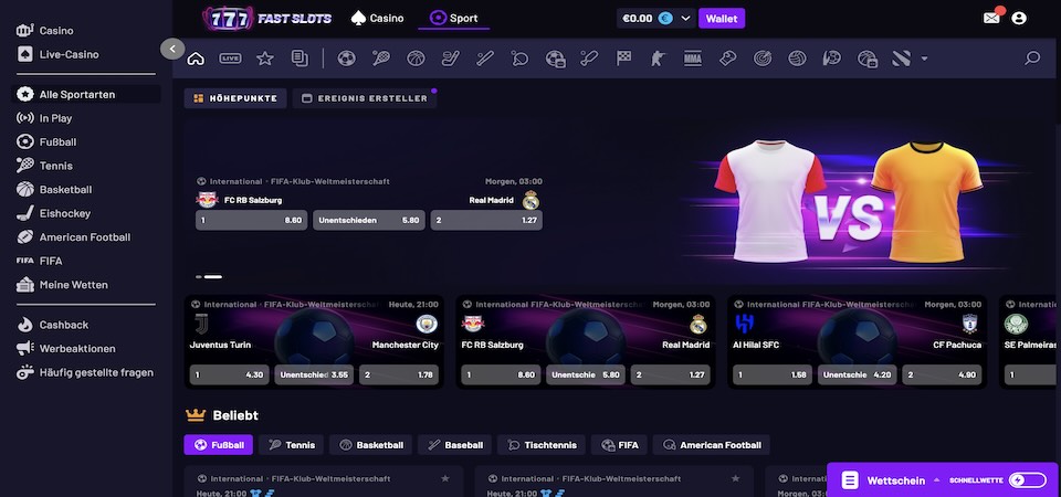 Screenshot der Fast Slots-Sportseite