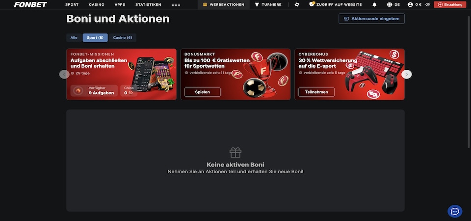 Screenshot der Fonbet Bonusseite