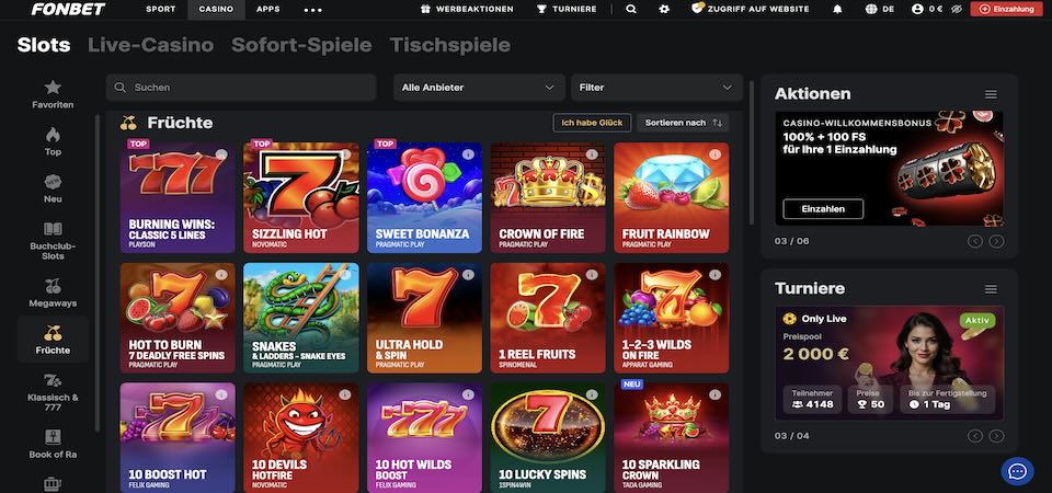 Screenshot der Fonbet Casino Seite