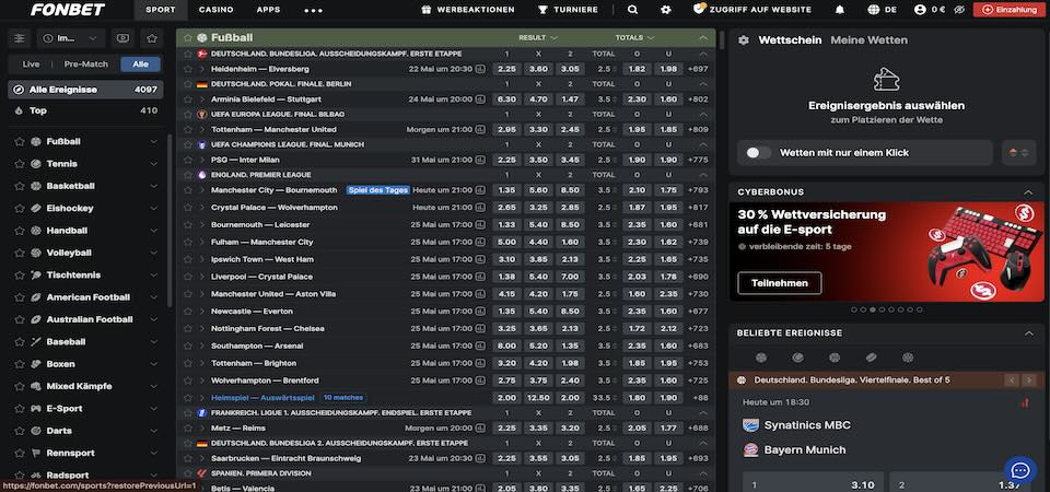 Screenshot der Fonbet-Sportseite
