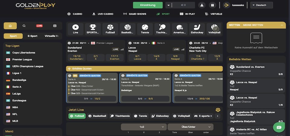 Screenshot der Goldenplay-Sportseite