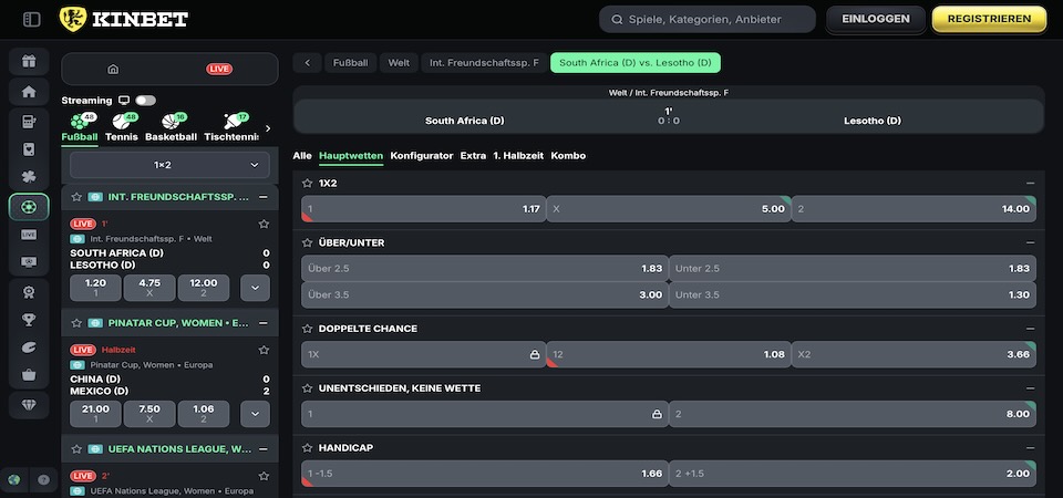 Screenshot der Kinbet Sport Seite