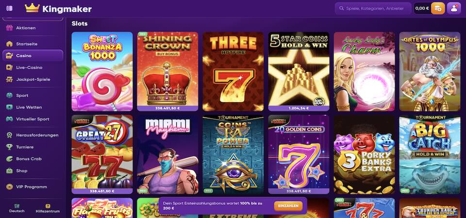 Screenshot der Kingmaker-Casino-Seite