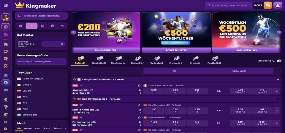 Screenshot der Sportseite von Kingmaker