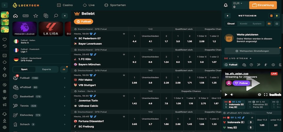 Screenshot der Luckygem-Sportseite