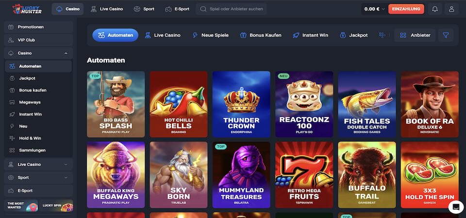 Screenshot der LuckyHunter-Casino-Seite