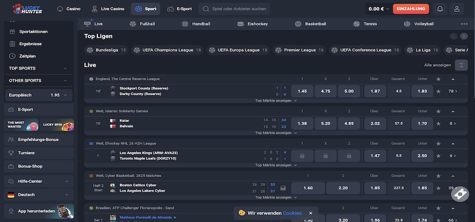 Screenshot der LuckyHunter-Sportseite