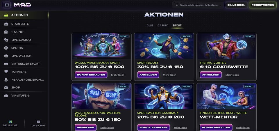 Screenshot der MadCasino-Bonusseite