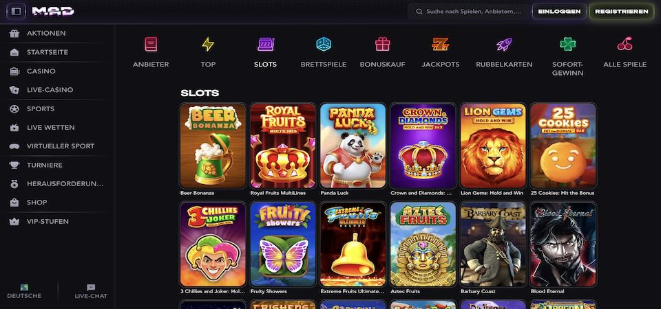 Screenshot der MadCasino Casino Seite