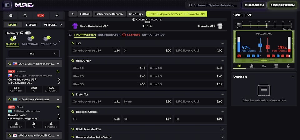 Screenshot der MadCasino Sport-Seite