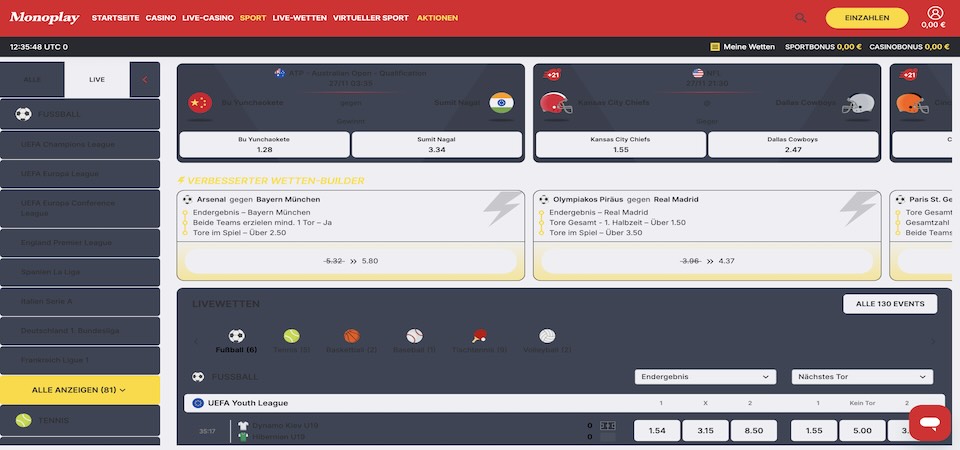 Screenshot der Monoplay-Sportseite
