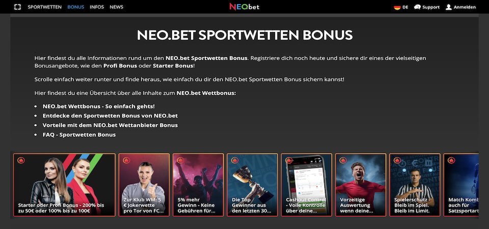 Screenshot der NEO.Bet-Promotionsseite