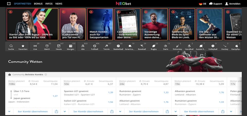 Screenshot der NEO.Bet-Sportseite