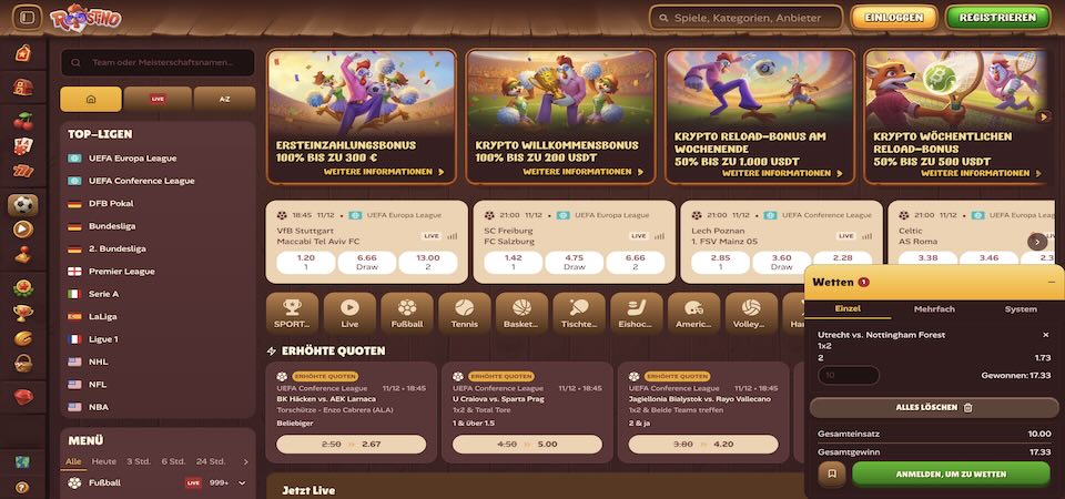 Screenshot der Roostino-Sportseite