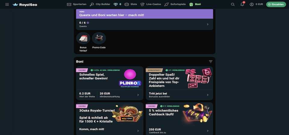 Screenshot der RoyalSea-Bonusseite