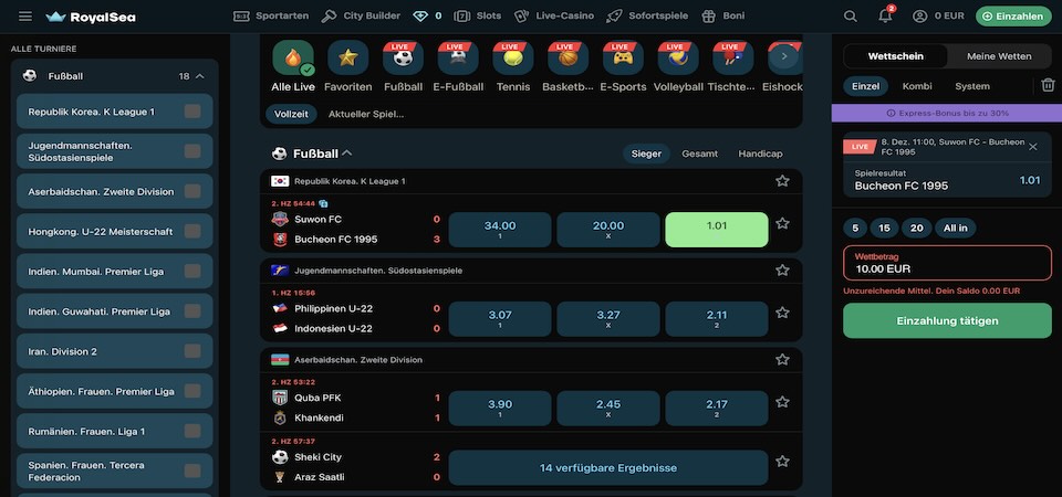 Screenshot der RoyalSea-Sportseite