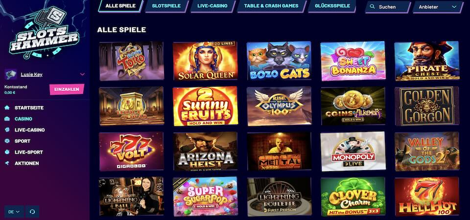 Screenshot der Slots Hammer Casino-Seite