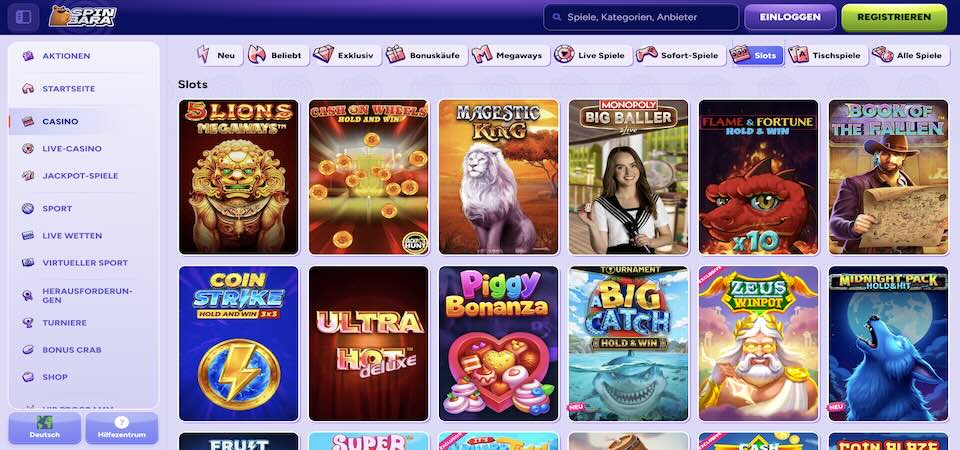Screenshot der Spinbara-Casino-Seite
