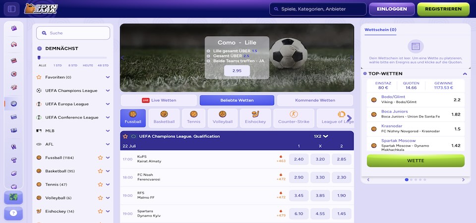 Screenshot der Spinbara-Sportseite