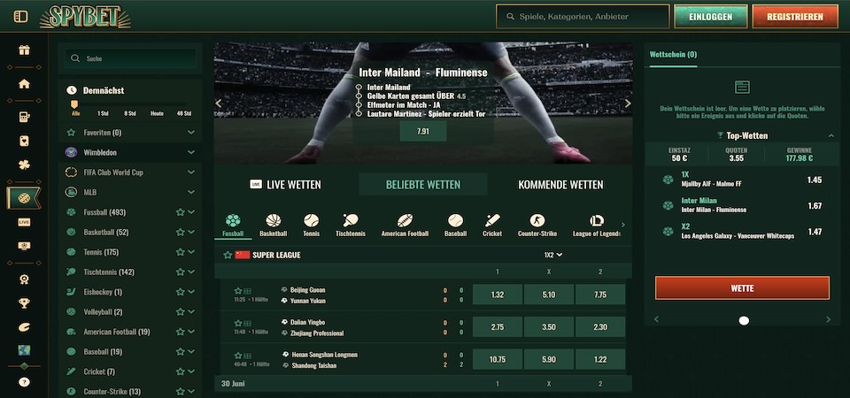 Screenshot der Spybet-Sportseite