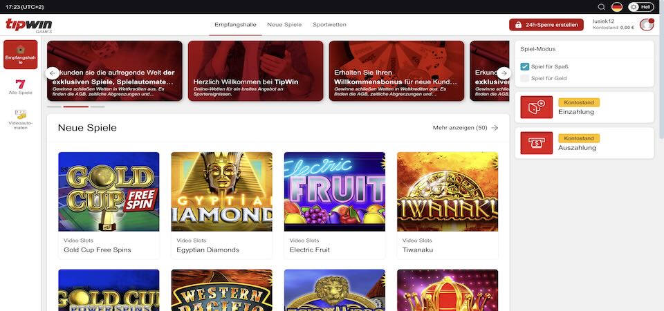 Screenshot der Tipwin Casinoseite