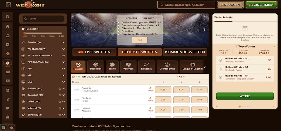 Screenshot der Wild Robin-Sportseite
