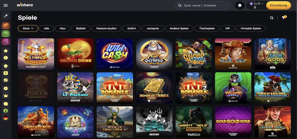 Screenshot der Winhero Casino-Seite
