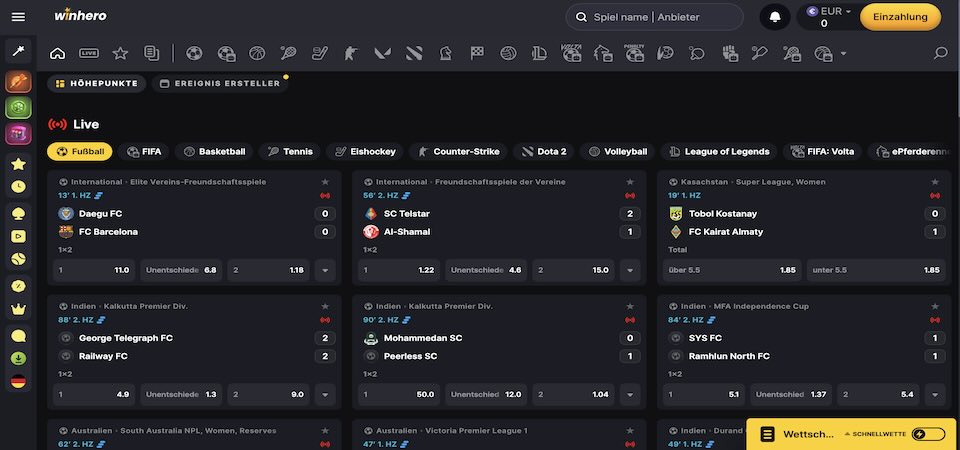 Screenshot der Winhero-Sportseite