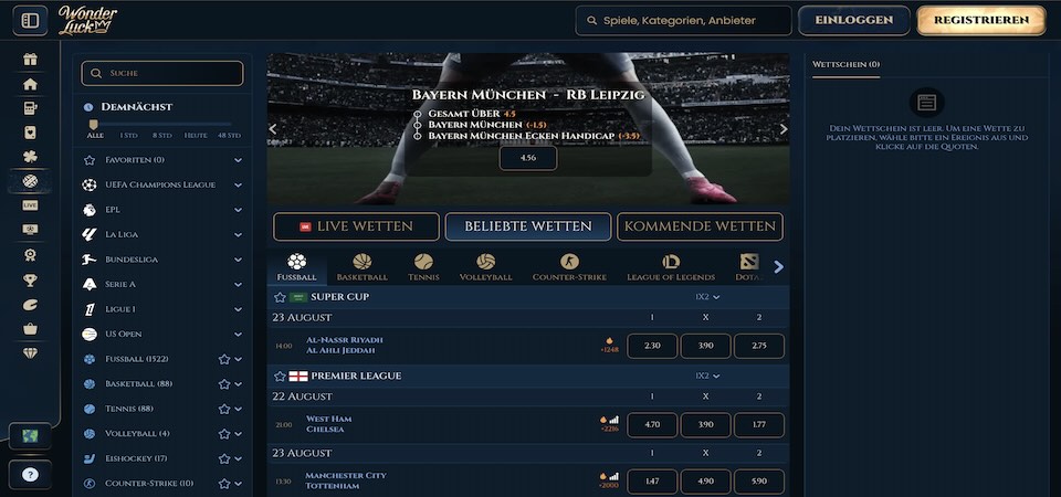 Screenshot der Wonderluck-Sportseite