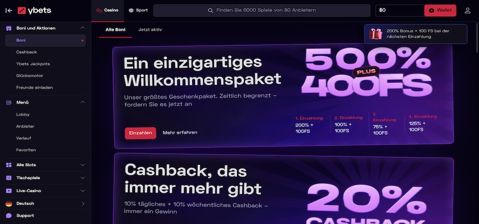 Screenshot der Ybets-Bonusseite